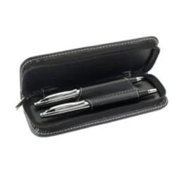 BALTIMORE Set Penne Metallo e PU Nero con Astuccio Zip 17cm