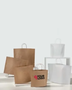 B-BAGS Kraft Bianco 36x27 cm Maniglia Avana, 80g carta 12g