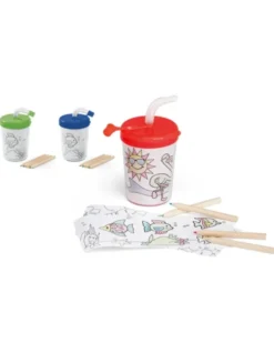 Bicchiere colorabile 200ml con cannuccia e matite in scatola regalo
