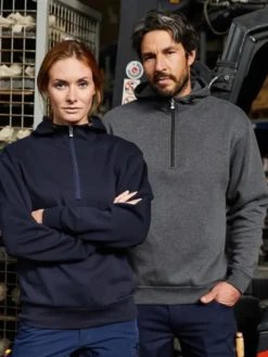 Bio Workwear Felpa Half Zip Unisex, Cappuccio Regolabile, Grigia