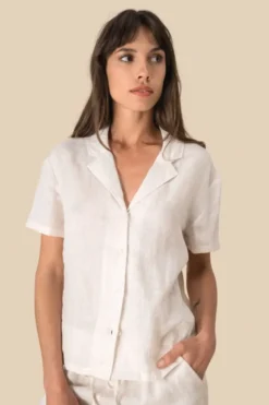 Camicia donna a maniche corte in lino con collo bowling