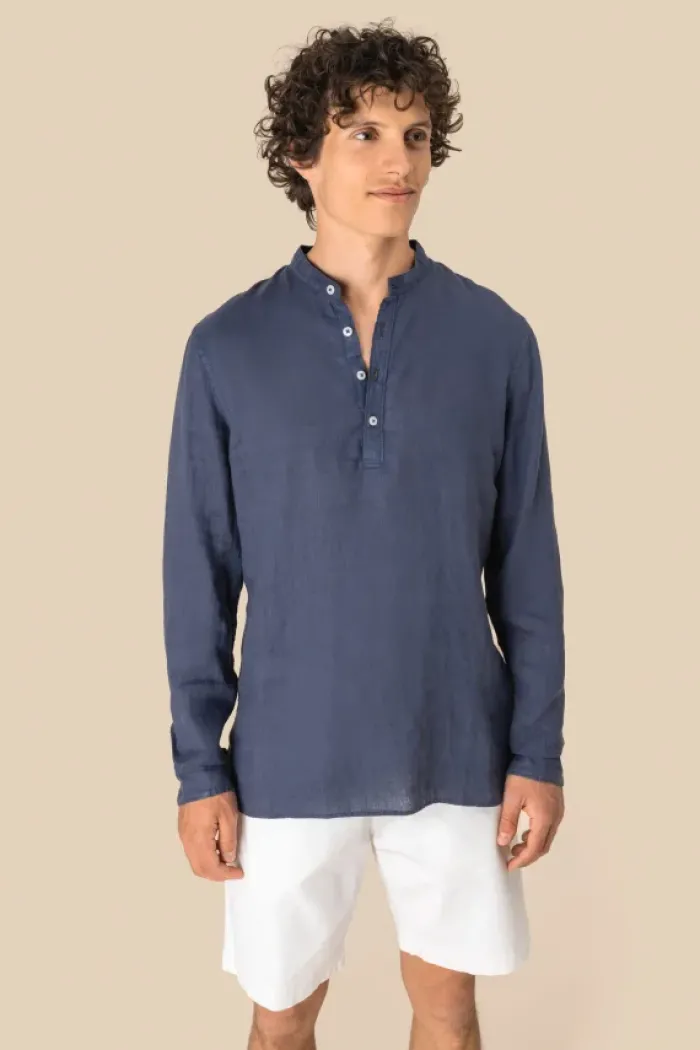 Camicia uomo con collo alla coreana slavata in lino