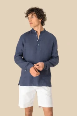 Camicia uomo con collo alla coreana slavata in lino