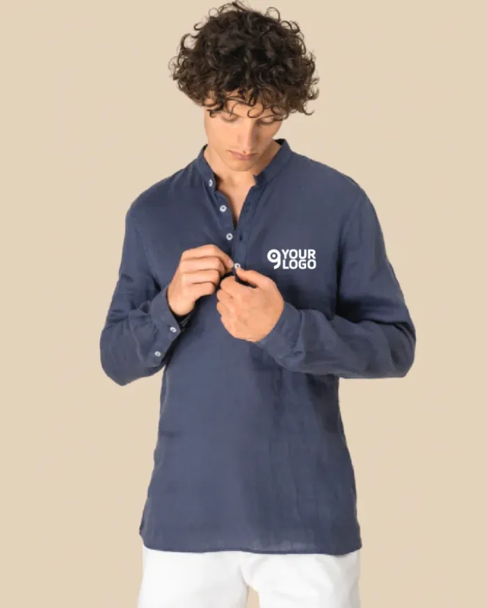 Camicia uomo con collo alla coreana slavata in lino
