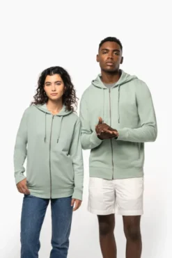 Felpa unisex ecosostenibile con zip e cappuccio non garzata