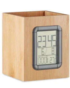 MANILA Portapenne bamboo con calendario, sveglia e termometro