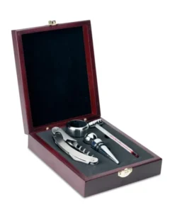 PREMIUM Set Vino 4 Pezzi in Legno con Accessori Acciaio Argento