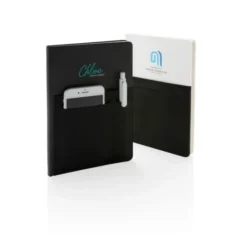 Taccuino A5 Deluxe Nero con Tasche Porta Smartphone e Penna
